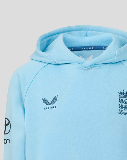 Light blue hoodie with branding on a gray background