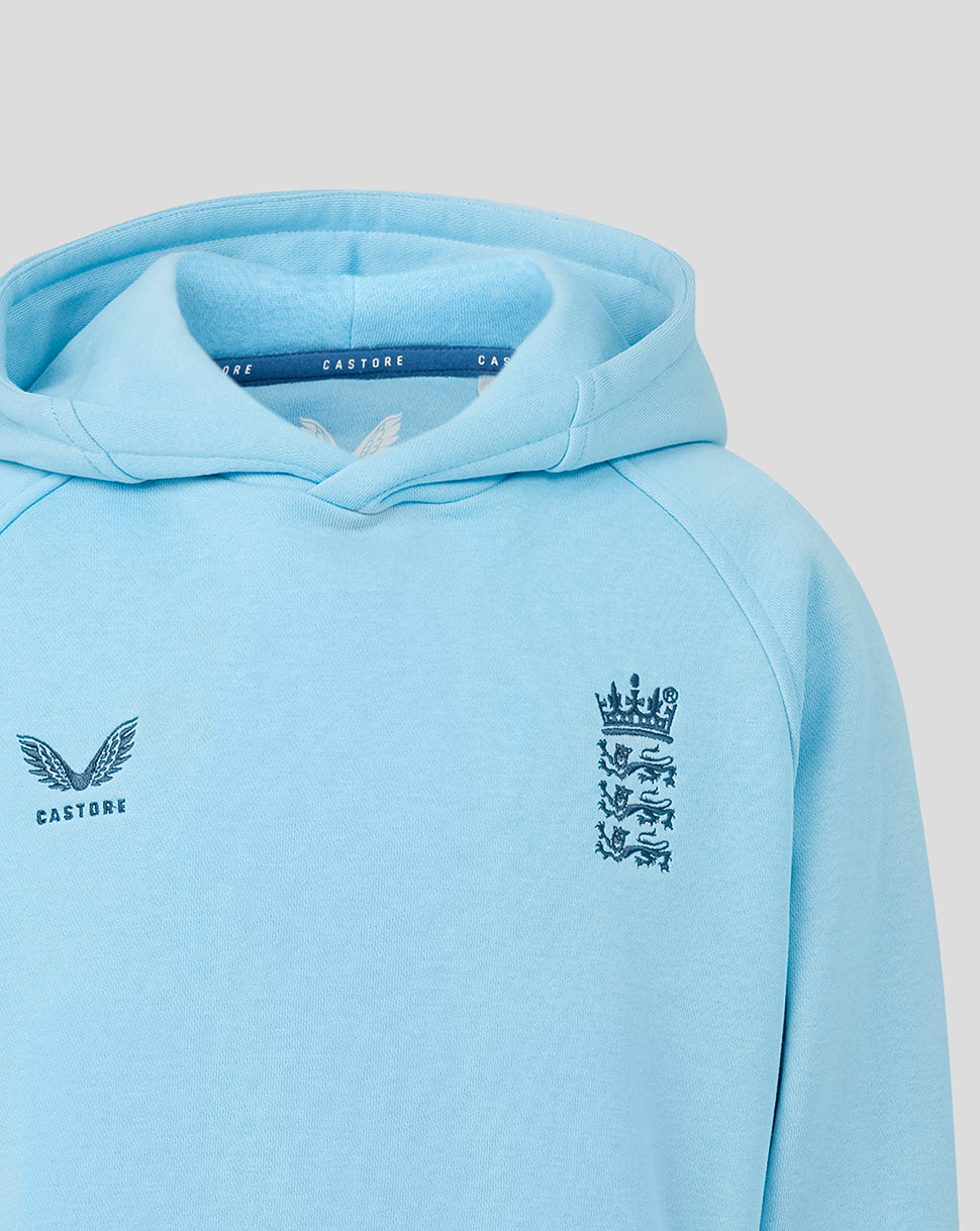 Light blue hoodie with brand logo on a light gray background