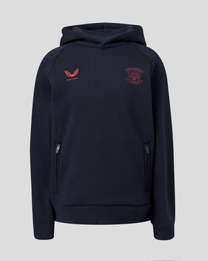 Navy blue hoodie with red logos on a light gray background
