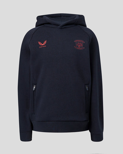 Navy blue hoodie with red logos on a light gray background