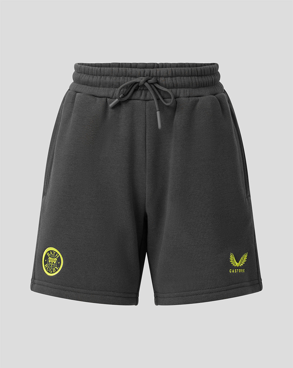 Dark gray sweat shorts with a drawstring waist, featuring a yellow circular crest on the left leg and a yellow embroidered eagle logo with 'CASTORE' text on the right leg, shown against a light gray background.