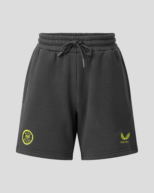 Dark gray sweat shorts with a drawstring waist, featuring a yellow circular crest on the left leg and a yellow embroidered eagle logo with 'CASTORE' text on the right leg, shown against a light gray background.