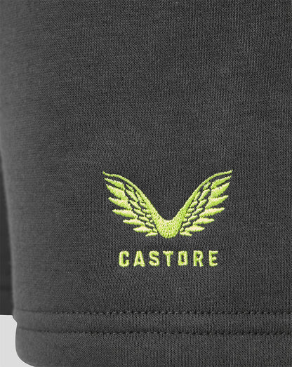 Close-up of a dark gray knit fabric with a bright yellow-green embroidered winged logo and the word 'CASTORE' below it.