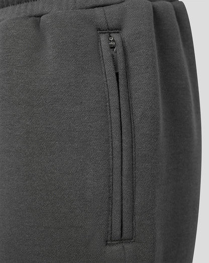 Close-up of dark gray knit fabric showing a vertical zippered pocket and part of the elastic waistband.
