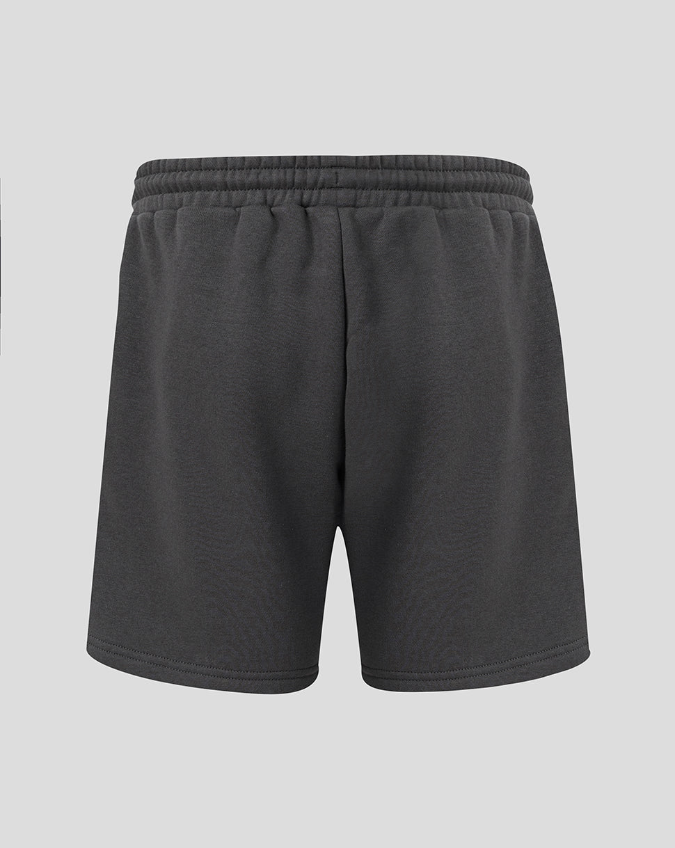 Back view of dark grey FC Utrecht Adapt Travel Fleece Shorts showing elastic waistband.