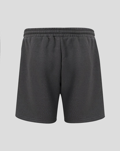 Back view of dark grey FC Utrecht Adapt Travel Fleece Shorts showing elastic waistband.