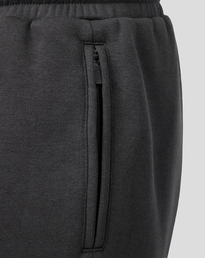 Close-up of black FC Utrecht Travel Fleece Shorts showing a side zip pocket and an elasticated waistband.