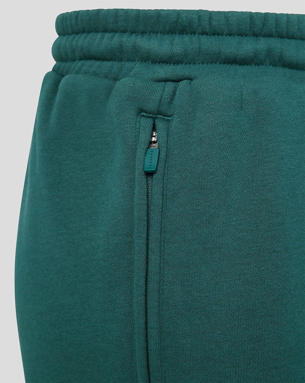 Teal green shorts showing an elastic waistband and a vertical side zip pocket detail.