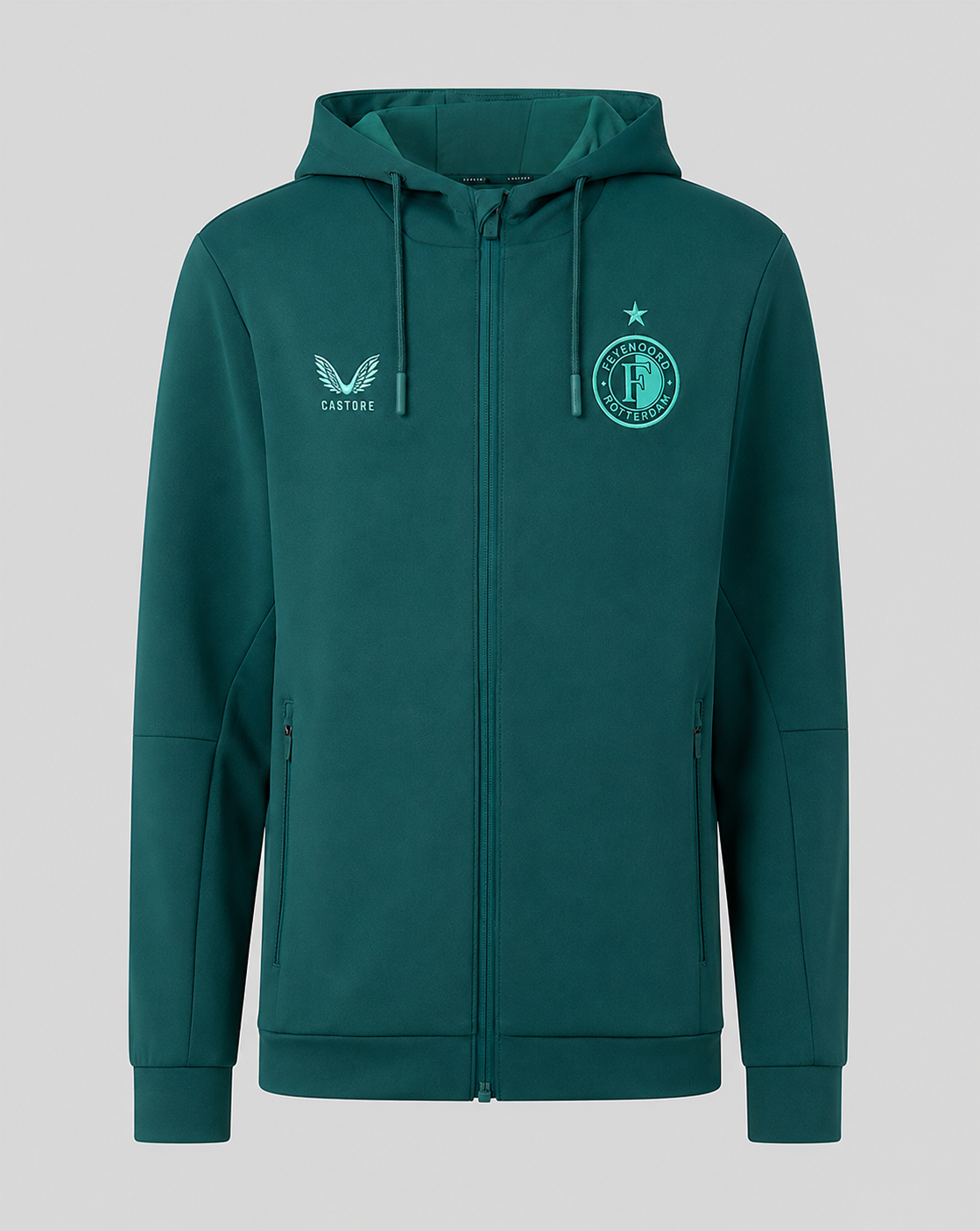 Front view of green Feyenoord Junior Travel Hoodie with club crest on chest and Castore logo
