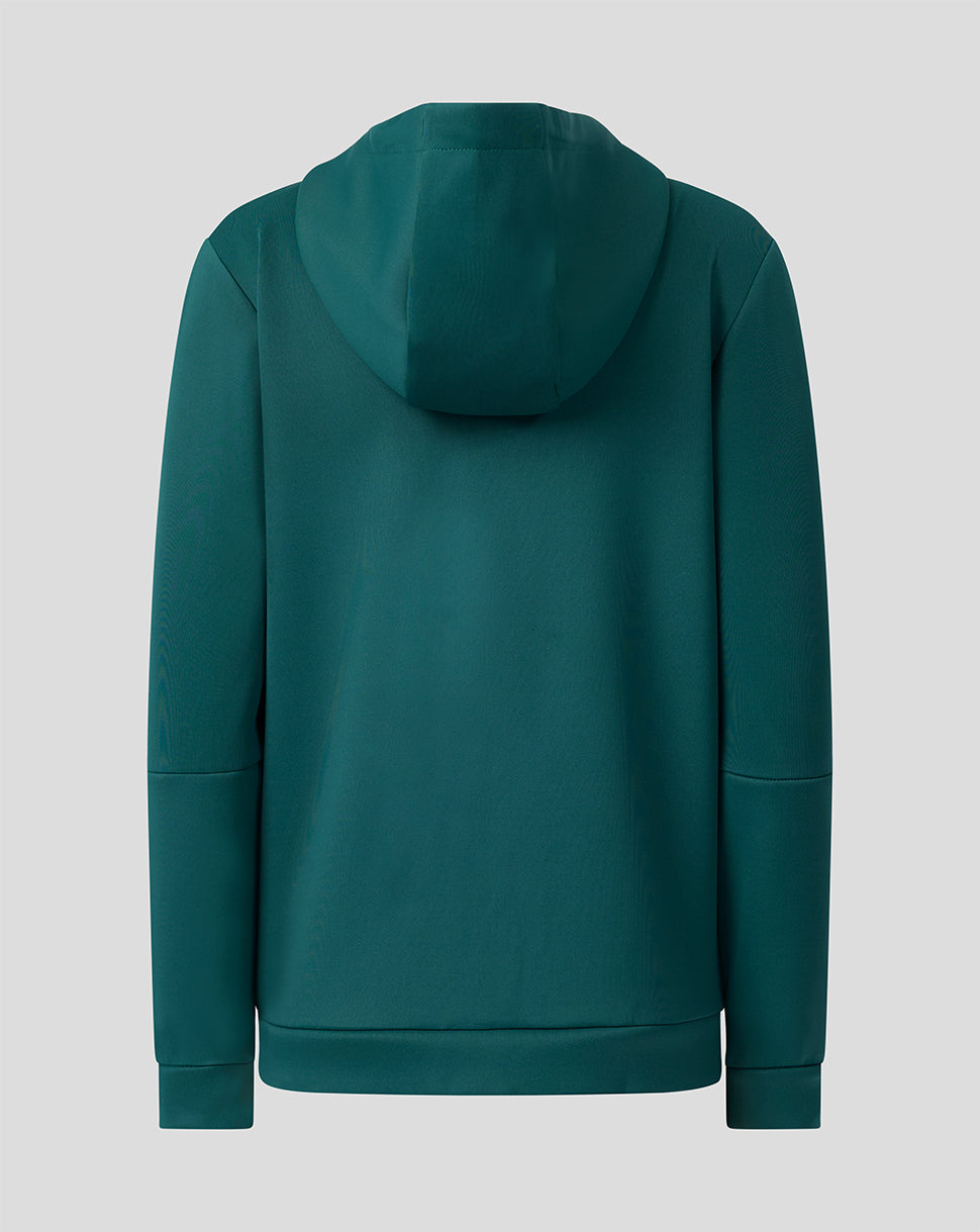 Back view of green Feyenoord Travel Hoodie with hood and clean back panel