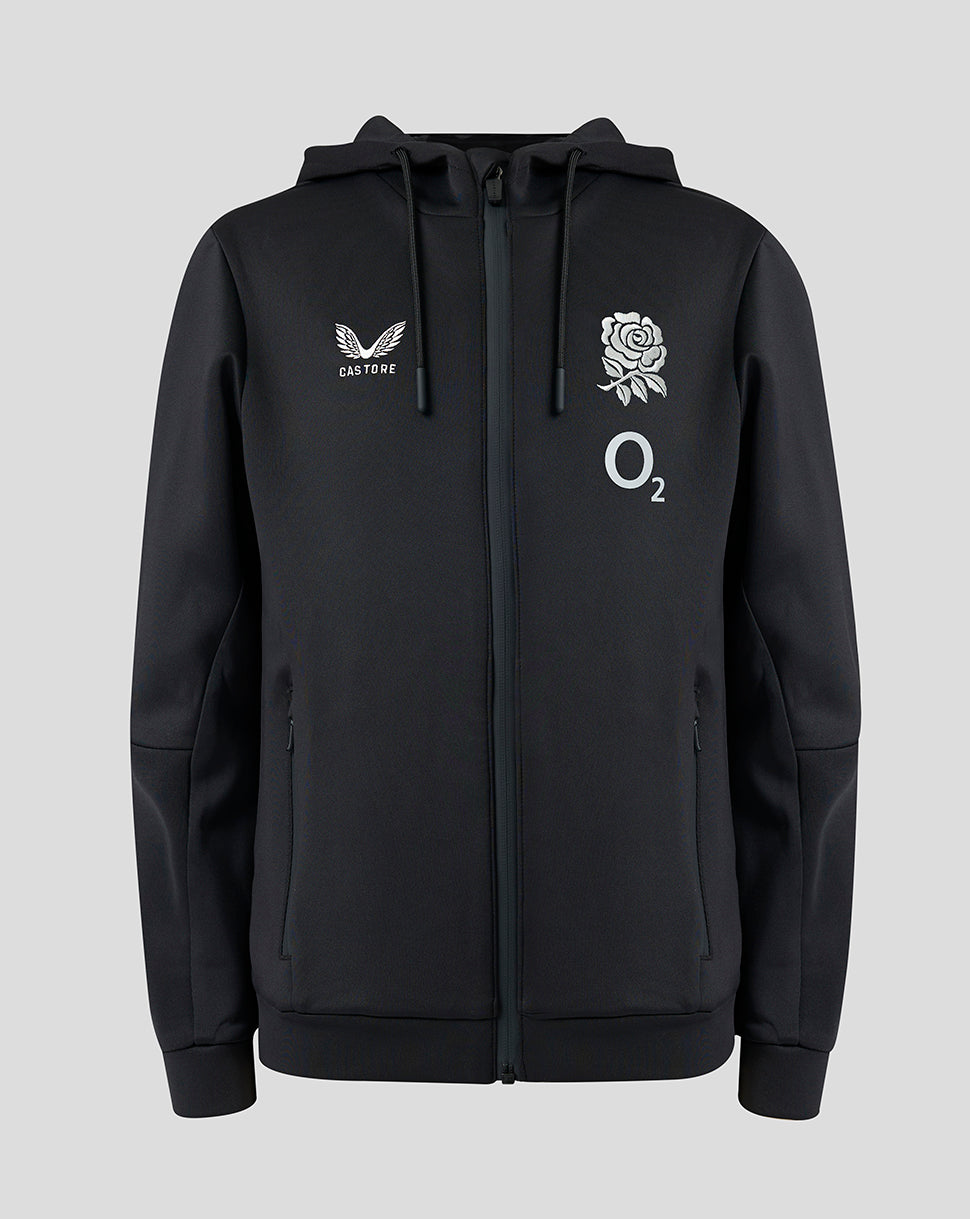 Black hoodie with logos on a light gray background