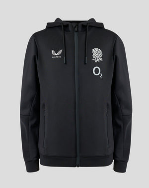 Black hoodie with logos on a light gray background