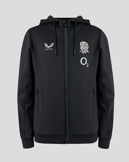 Black hoodie with logos on a light gray background