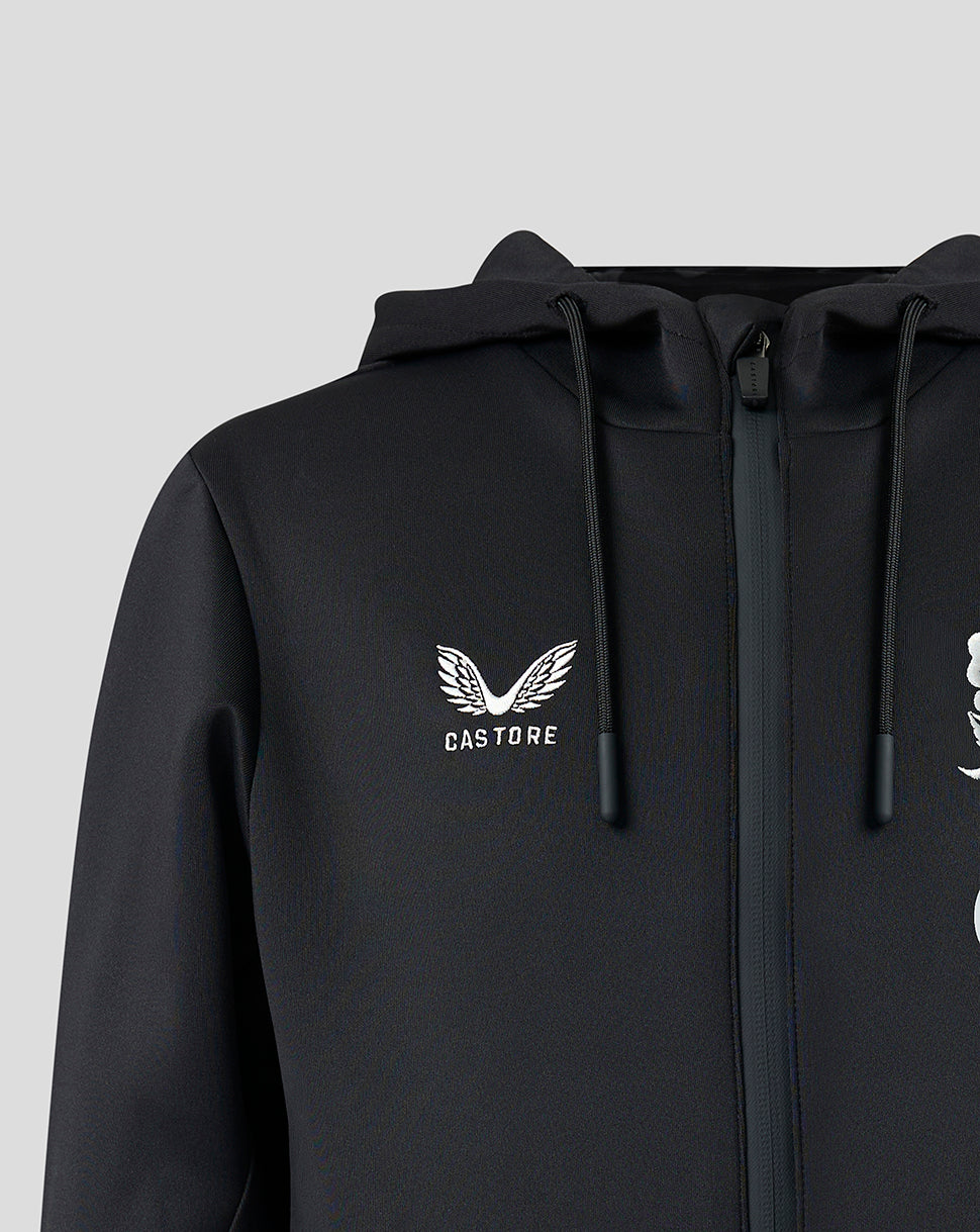 Black hoodie with a white logo on the chest against a light gray background