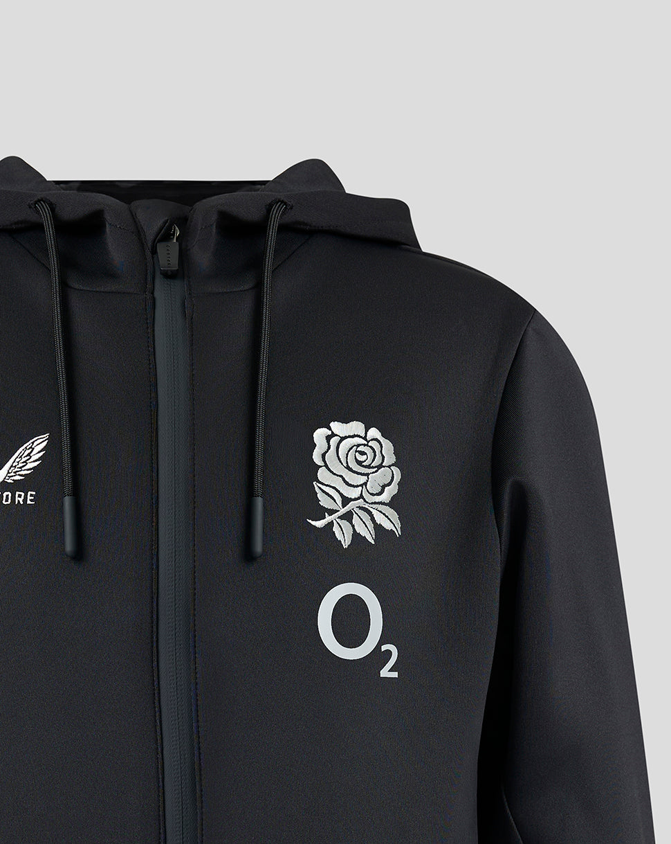 Black hoodie with white rose and 'O2' logo on a gray background