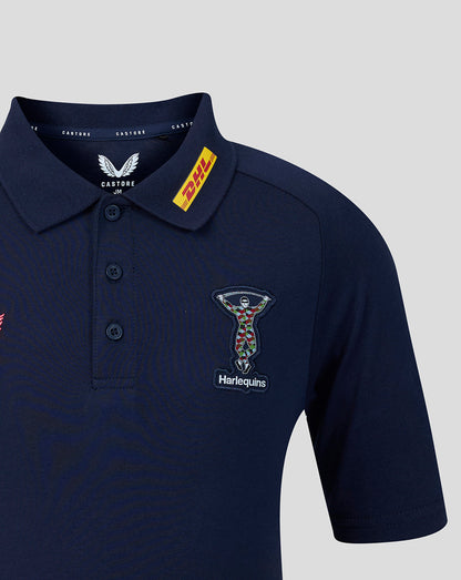 Navy blue polo shirt with Harlequins logo and DHL label on a light gray background