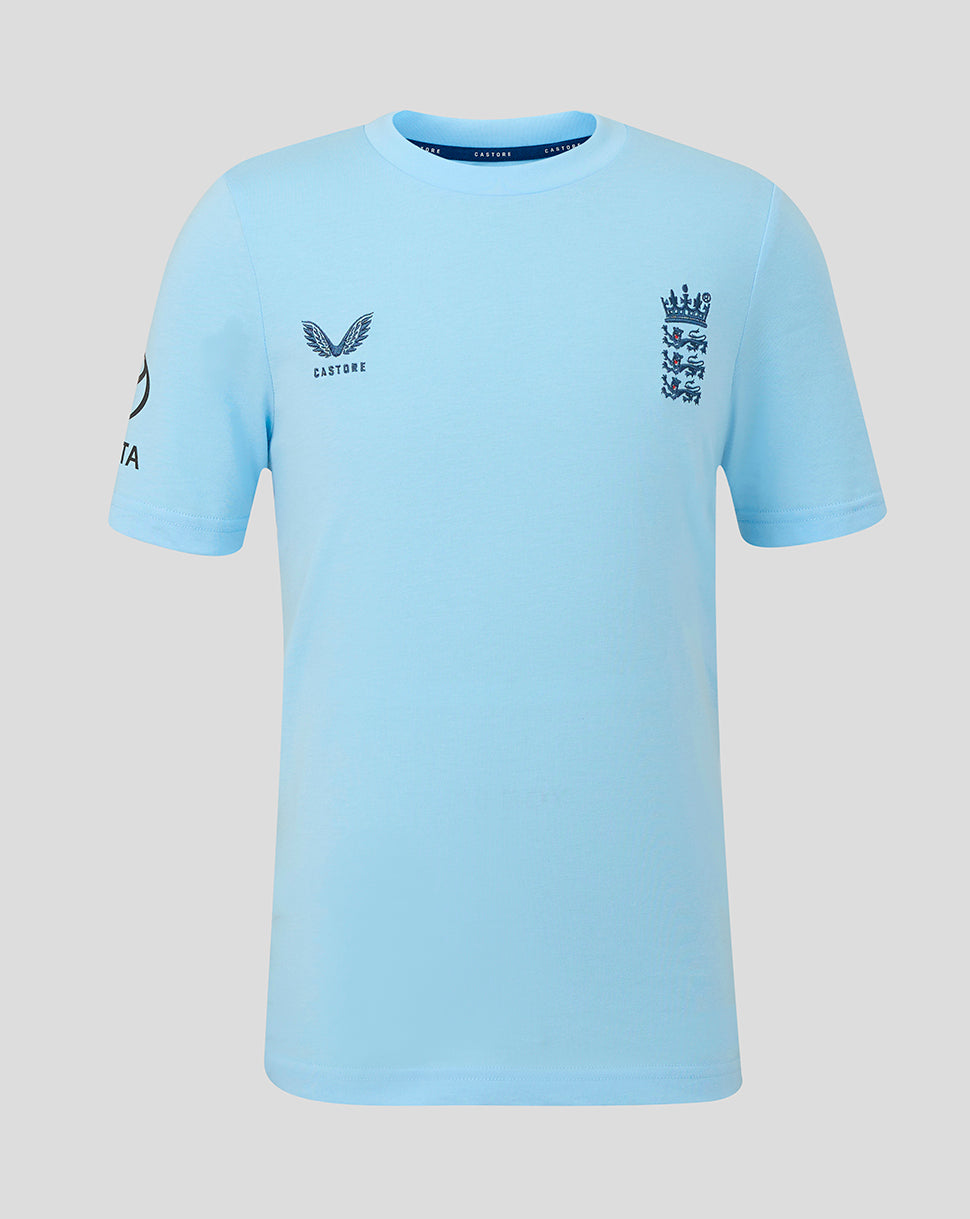 Light blue t-shirt with logos on a light gray background