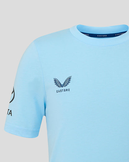 Light blue t-shirt with a logo and text on a light gray background