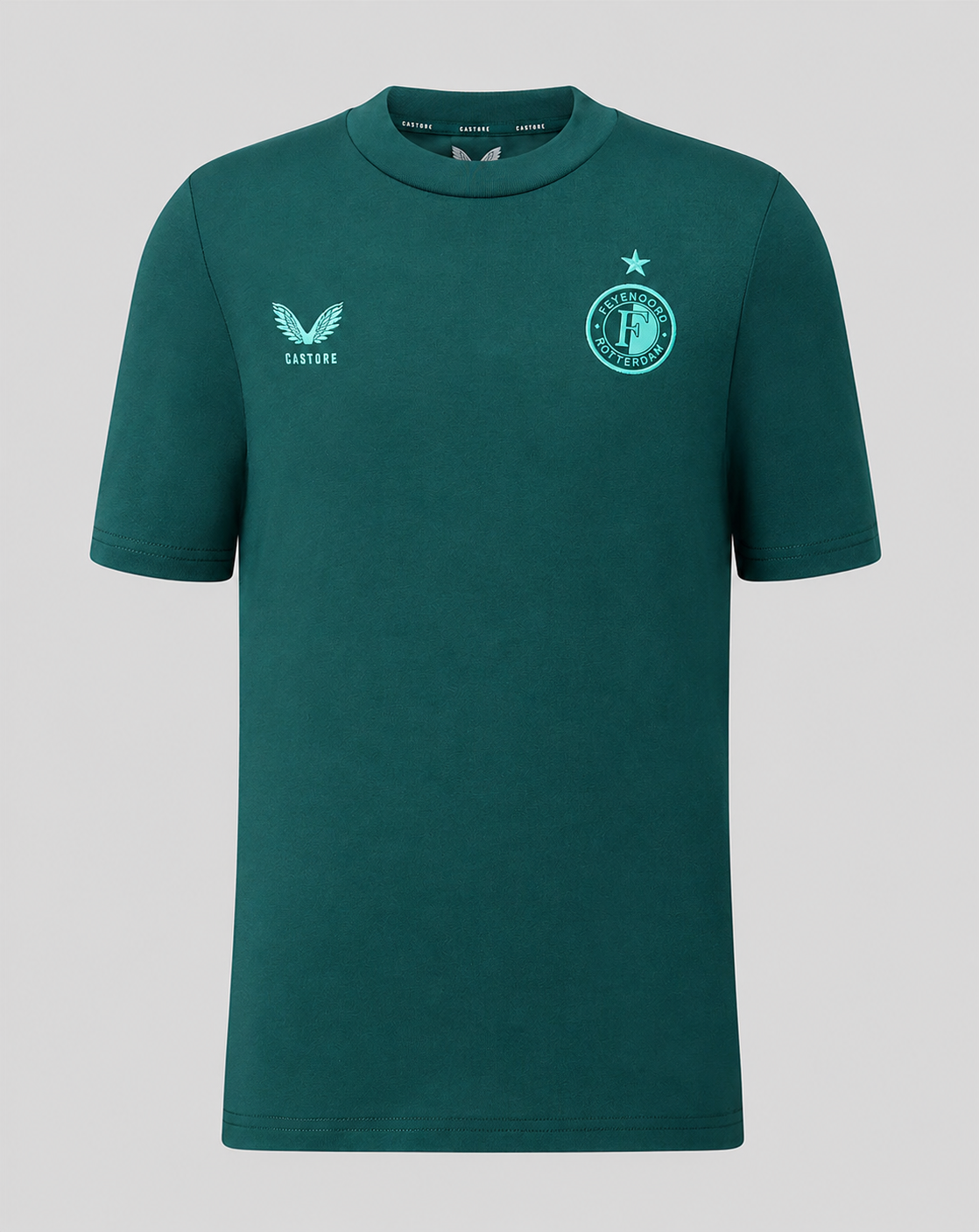 Front view of green Feyenoord travel shirt with crest on left chest and Castore logo on right chest