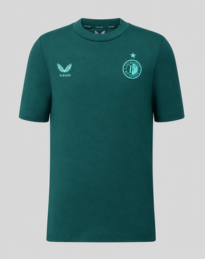 Front view of green Feyenoord travel shirt with crest on left chest and Castore logo on right chest