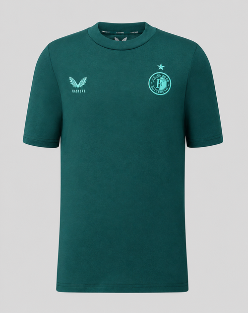 Front view of green Feyenoord travel shirt with crest on left chest and Castore logo on right chest
