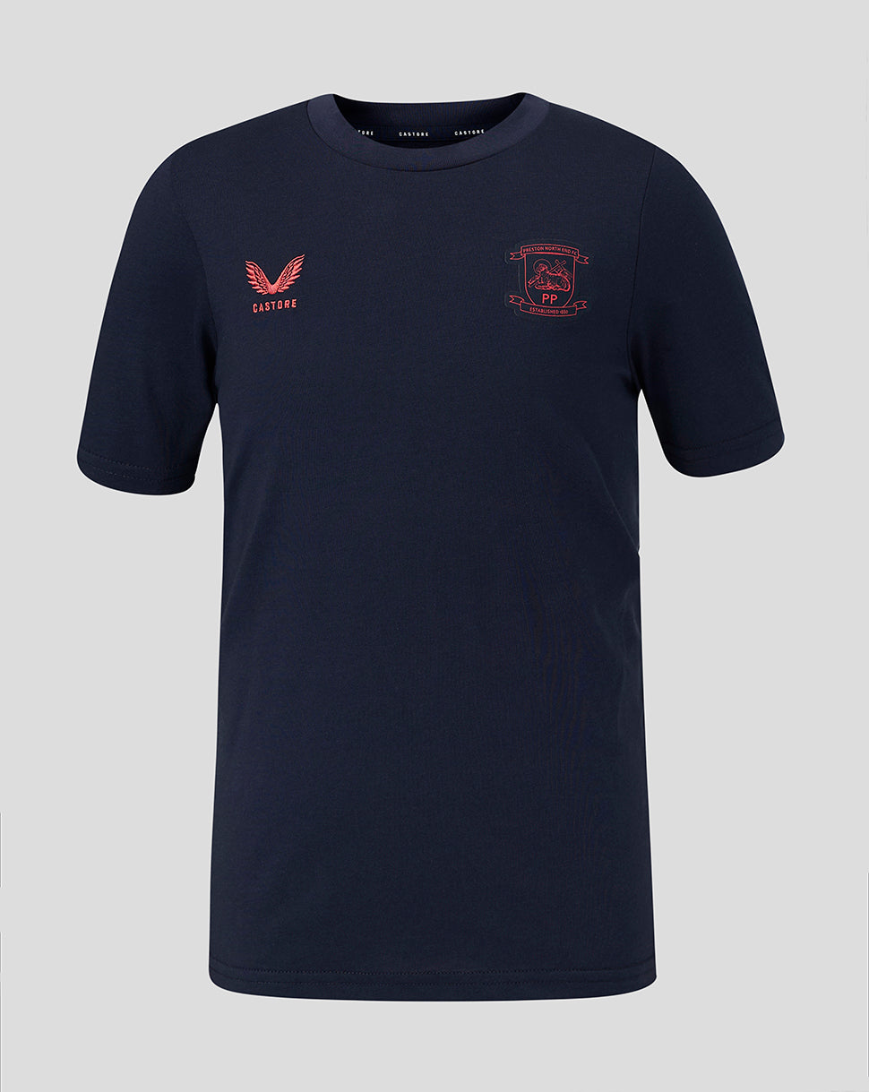 Navy blue t-shirt with red logos on a gray background