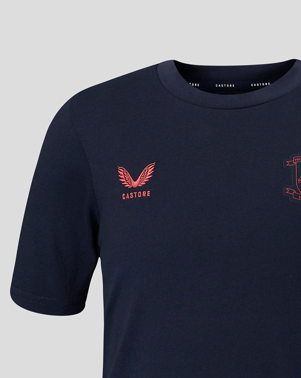 Navy blue t-shirt with red logo on a light gray background