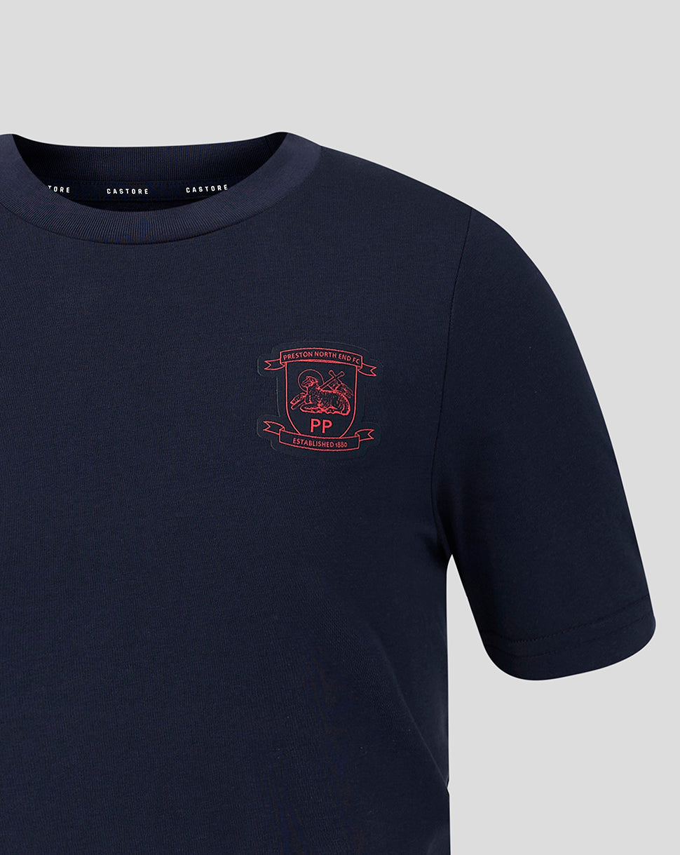 Navy blue t-shirt with a red logo on a light gray background