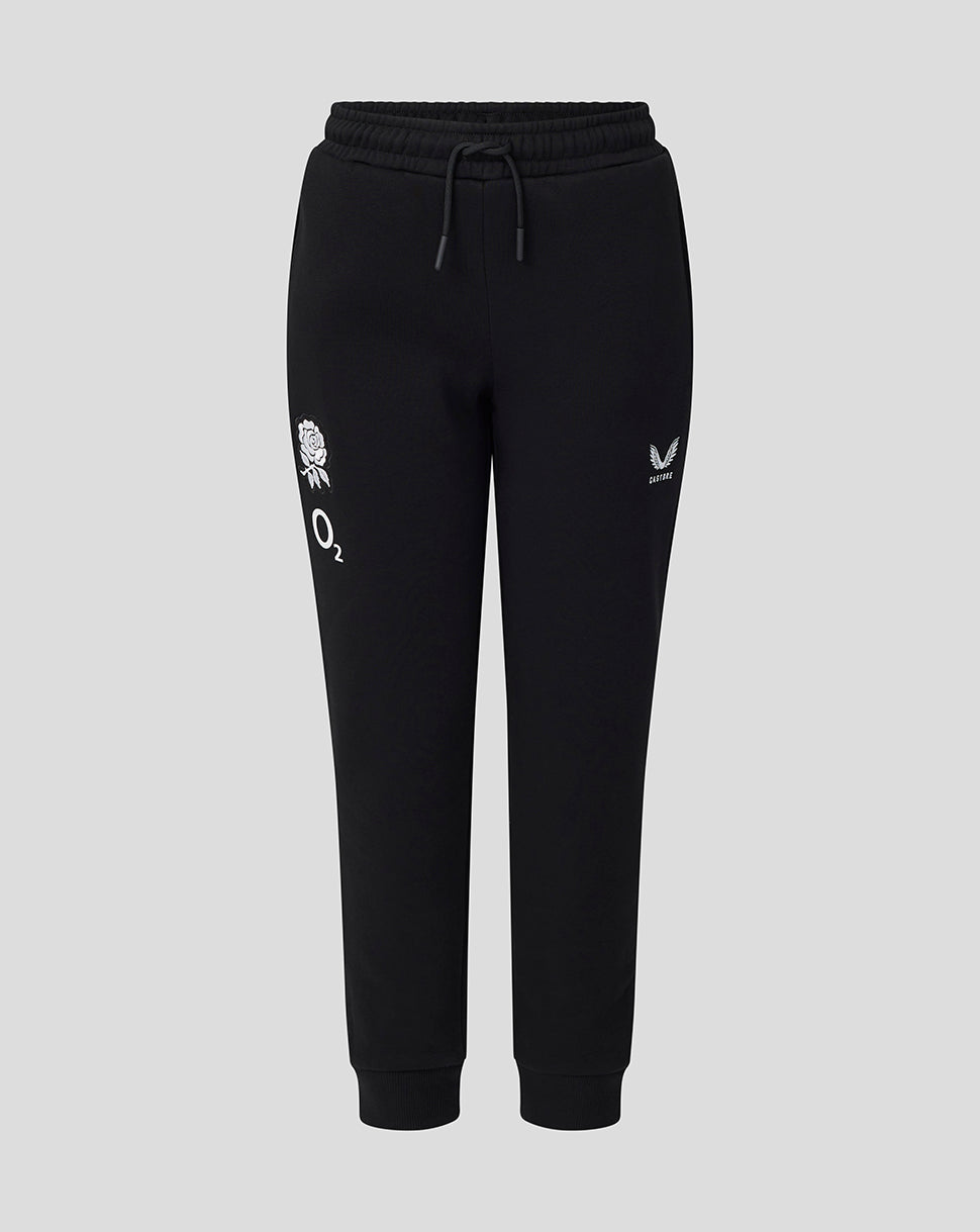 Black jogger pants with white logos on a light gray background