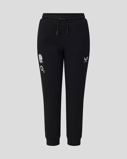 Black jogger pants with white logos on a light gray background