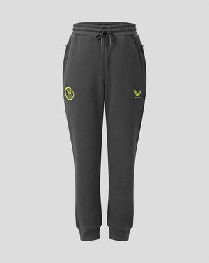 Dark gray sweatpants with a drawstring waist, ribbed cuffs, and yellow-green embroidered logos on both thighs, shown against a light gray background.