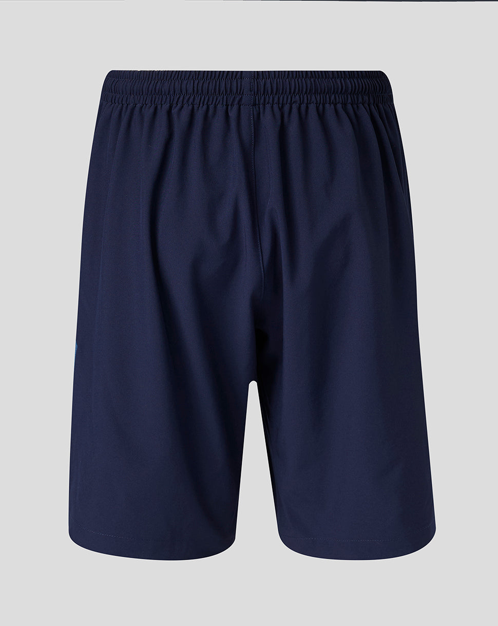Back view of navy FC Utrecht training shorts with elastic waistband and blue side panels.
