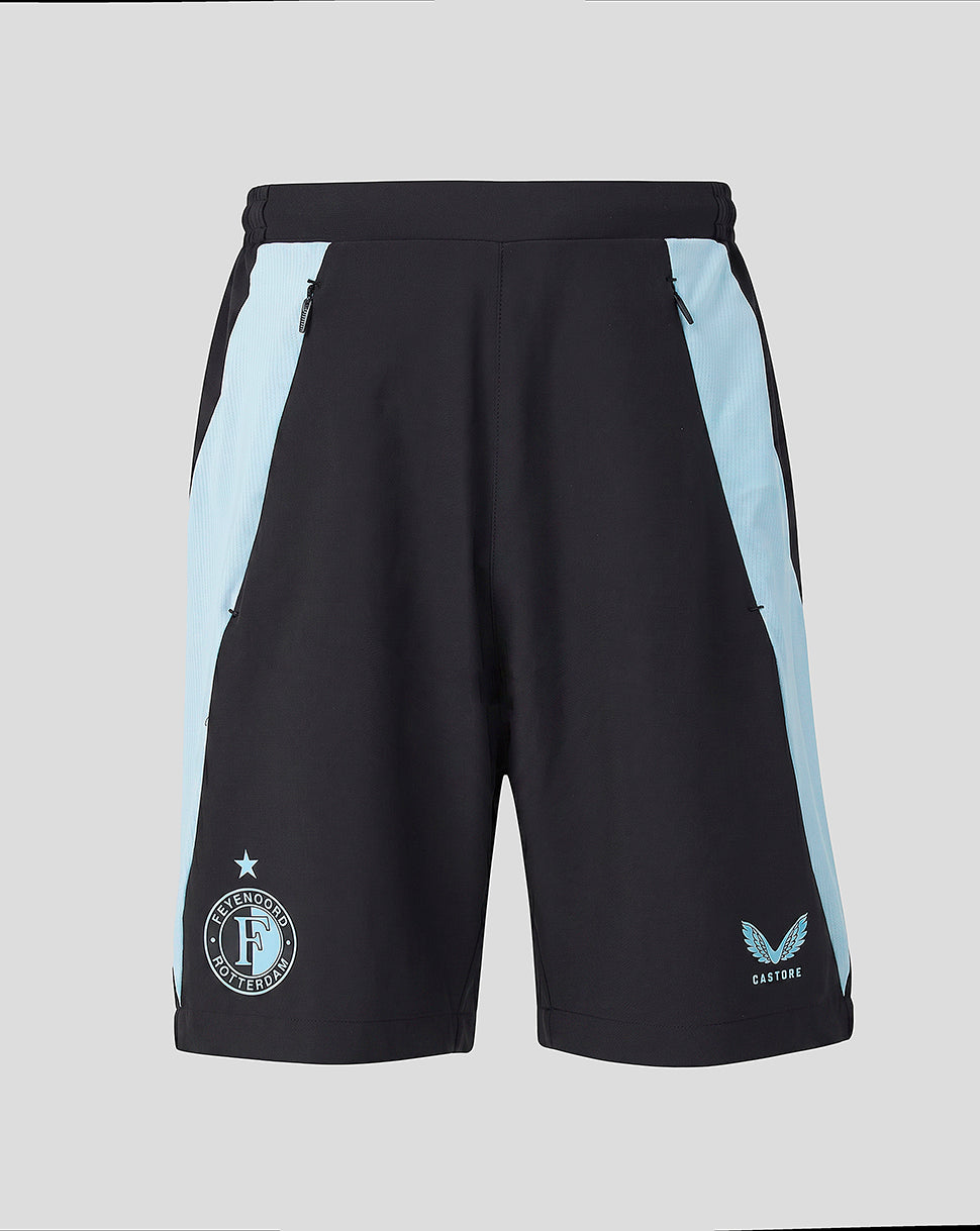 Feyenoord training shorts in black with light blue side panels and zipped pockets, showing crest and Castore logo