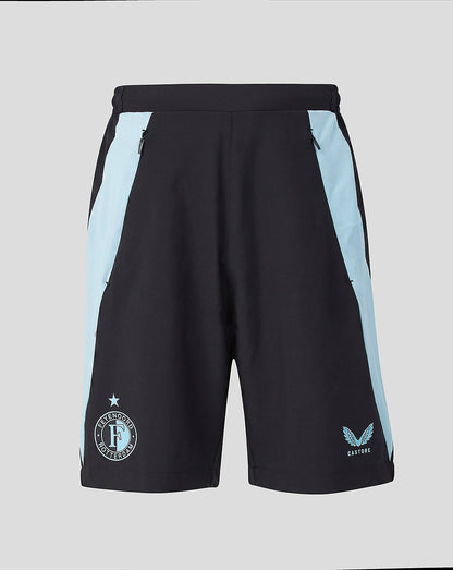 Feyenoord training shorts in black with light blue side panels and zipped pockets, showing crest and Castore logo