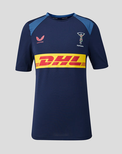 Navy sports jersey with blue sleeves and DHL logo on a gray background