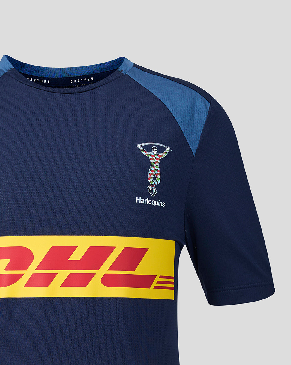 Navy sports jersey with Harlequins logo and DHL branding on a gray background