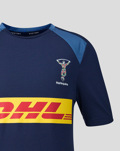 Navy sports jersey with Harlequins logo and DHL branding on a gray background
