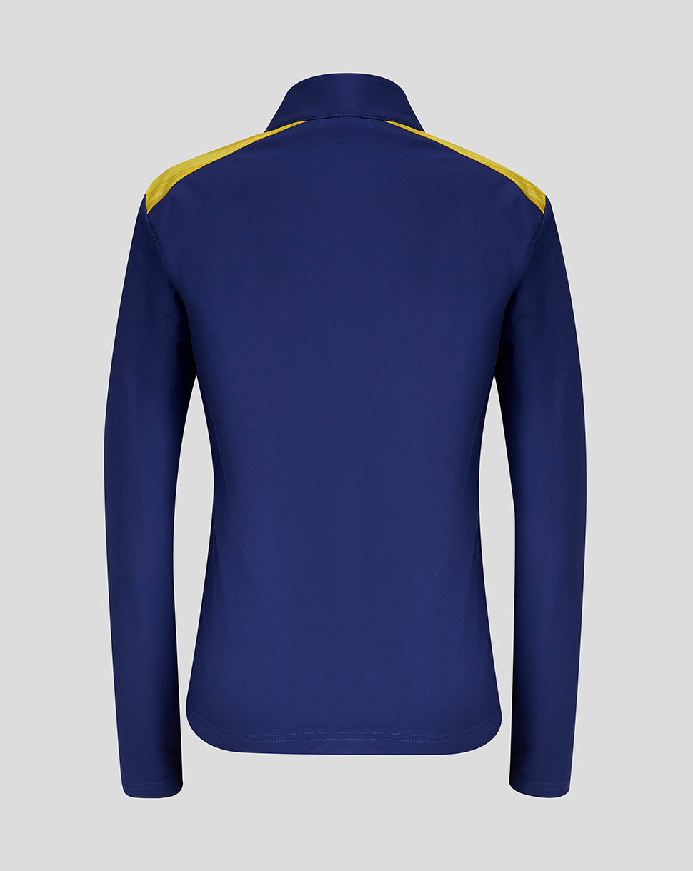 Blue long-sleeve shirt with yellow accents on a gray background