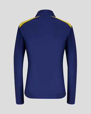 Blue long-sleeve shirt with yellow accents on a gray background