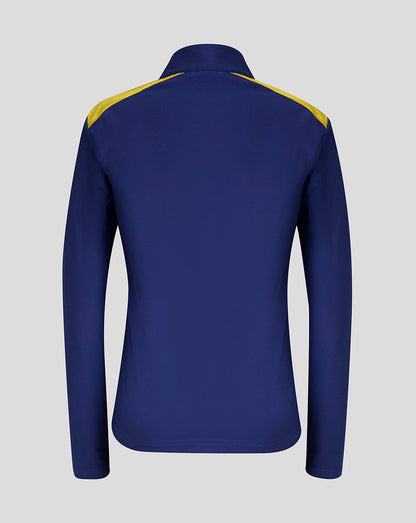 Blue long-sleeve shirt with yellow accents on a gray background