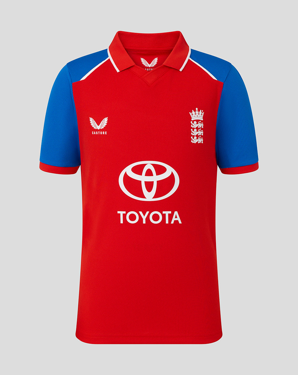 Red and blue sports jersey with Toyota logo on a gray background