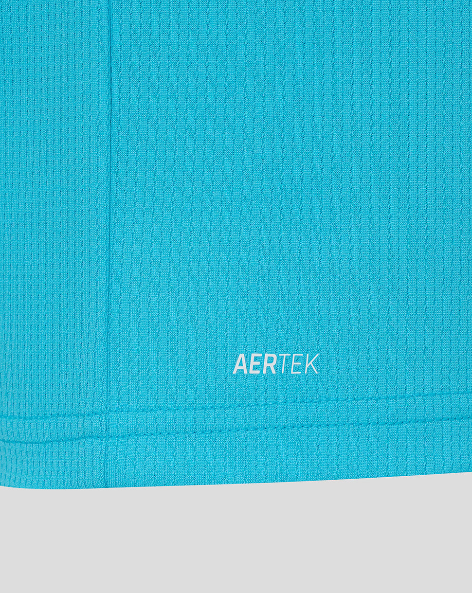Close-up of a blue textured fabric with 'AERTEK' branding.