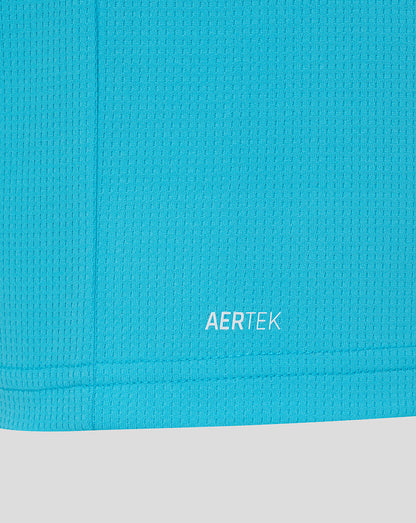 Close-up of a blue textured fabric with 'AERTEK' branding.