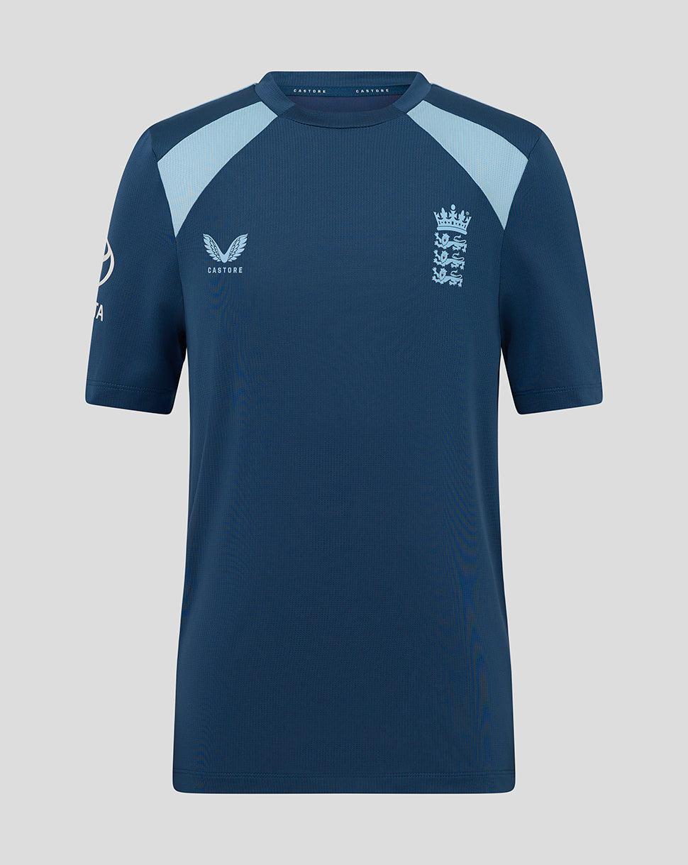 Navy blue sports jersey with light blue accents on a gray background