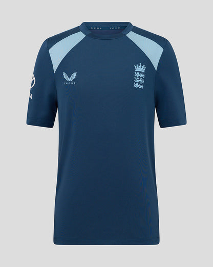 Navy blue sports jersey with light blue accents on a gray background