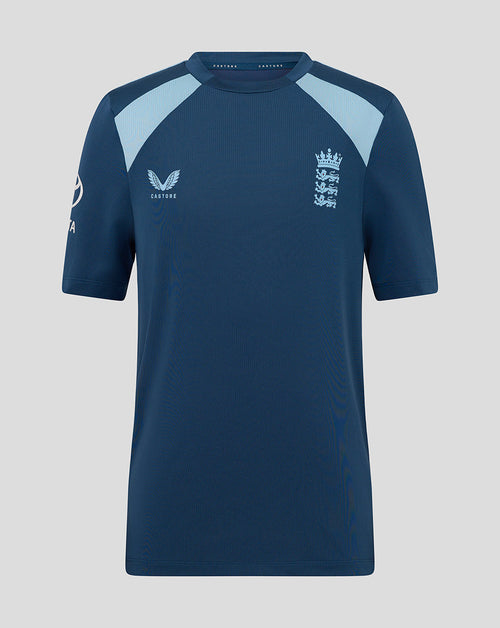 Navy blue sports jersey with light blue accents on a gray background