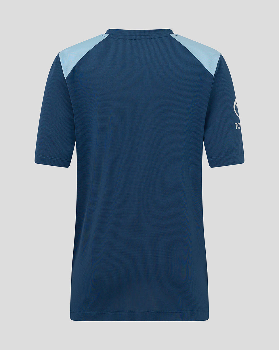 Navy blue sports jersey with light blue sleeves on a gray background