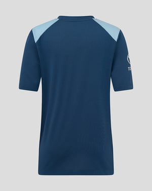 Navy blue sports jersey with light blue sleeves on a gray background