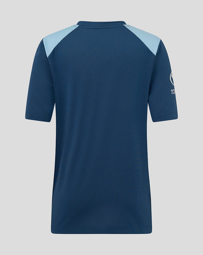 Navy blue sports jersey with light blue sleeves on a gray background