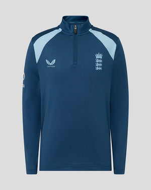 Navy long-sleeve sports top with light blue accents on a gray background